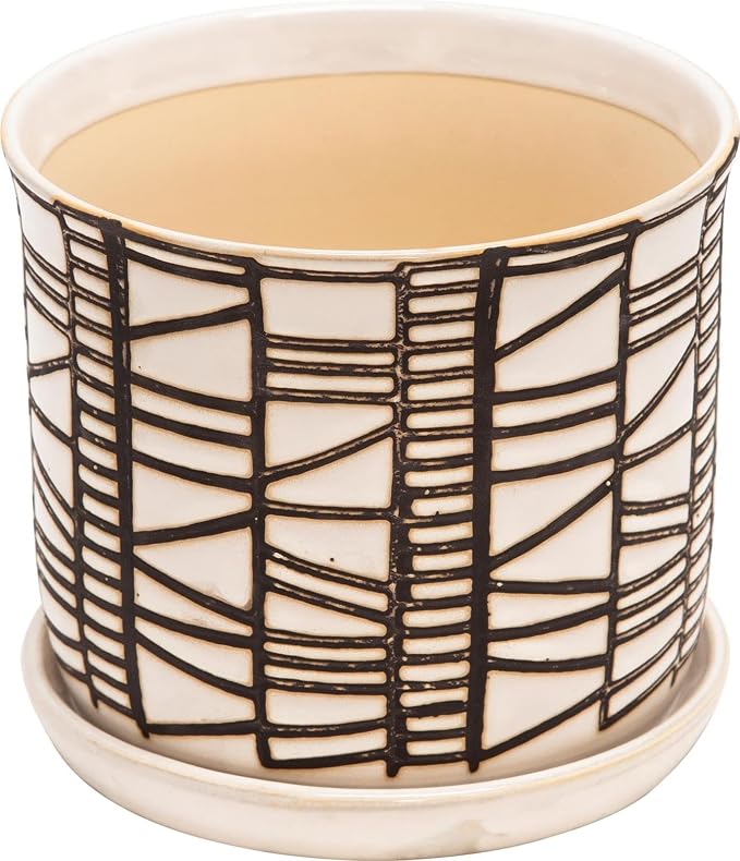 Set of 2 Geometric Decorative Ceramic Planter Pots with Saucer – Stoneware Outdoor & Indoor Plant Pots with Drainage – Modern Garden & Home Decor Ceramic Planters – 6" & 8", Ivory