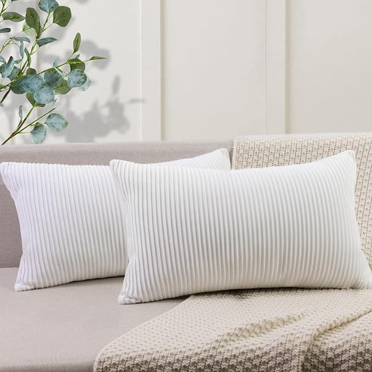 YCOLL White 12x20 Pillow Cover Set of 2 Velvet Striped Pattern - Soft Throw Pillows for Home Decor, Luxury Decorative Pillow Covers for Couch, Bed,Living Room