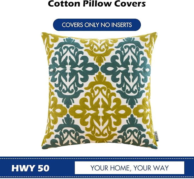 HWY 50 Decorative Throw Pillow Covers 18x18 Inch (1 Piece), Embroidered Cotton Farmhouse Cushion Cover Pillow Case for Sofa Couch Living Room Bed Bedroon, Blue and Green Floral Geometric