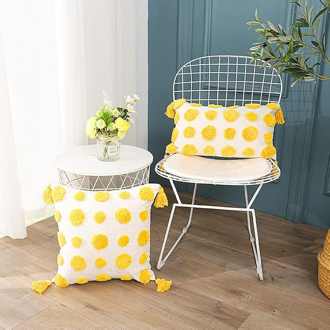 PLWORLD Boho Yellow Lumbar Pillow Cover 12x20, Tufted Cream Chenille Case with Pom Poms & Tassels, 1PC Cover Only, No Insert