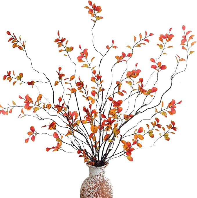 6 Pcs Fall Stems Artificial Ficus Branches, 47.2 Inch Faux Eucalyptus Stems Fall Decor, Fake Leaves Fall Decorations for Home, Autumn Table Decor Fall Branches for Vase Filler Centerpieces