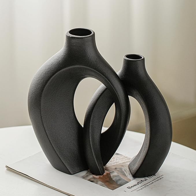 Lvases Snuggle Hollow Ceramic Vase Set of 2 for Nordic Boho Home Decor | Modern Decorative Vase for Pampas Flower, coffee Table Centerpiece Living Room Book Shelf ( Matte Black W 6.3" X H 8.4" )
