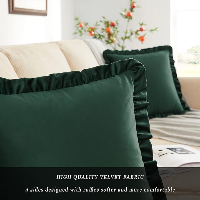 GIGIZAZA Army Green Decorative Throw Pillow Covers, 16x16 Velvet Ruffle Cushion Pillow Covers for Sofa Couch Set of 2