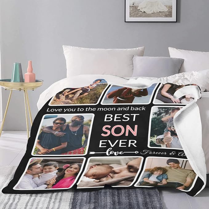 Gifts for Son Customized Blanket with Photo, Make a Personalized to My Son Blankets with Picture Custom Memories Souvenir Sublimation Throw Blanket for Best Son Ever, 8 Collage Made in USA