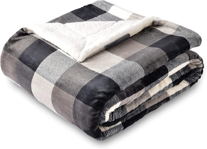 SOCHOW Buffalo Plaid Sherpa Throw Blanket, 60 x 80 inches, Black/White | Double-Sided Checkered Super Soft Luxurious Bedding Fleece Blanket