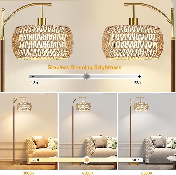 AHDWDW Arc Gold Floor Lamp for Living Room with Remote,Farmhouse Boho Floor Lamps with Timer,Rustic Standing Lamp with Hand-woven Rattan Wicker Shade and Fabric,Adjustable Tall Lamp for Bedroom,Corner