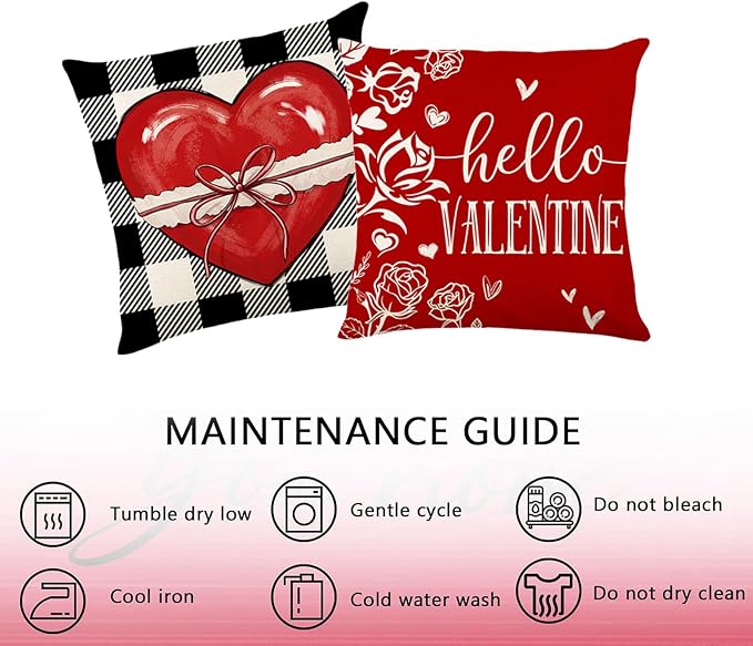 ONFAON Valentines Day Decorations-Valentines Day Pillow Covers 18x18 Set of 4,Red Buffalo Check Valentine's Day Love Heart Throw Pillow Covers Holiday Farmhouse Anniversary Wedding Home Sofa Couch