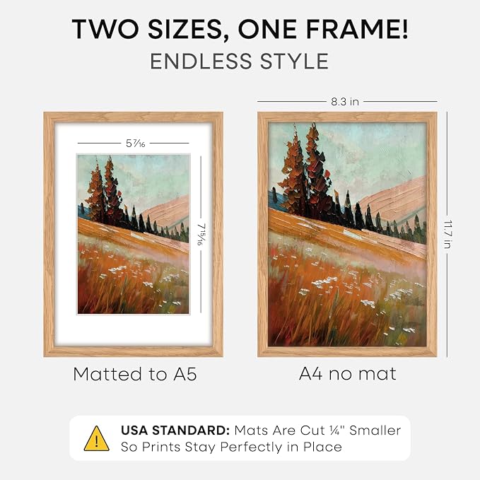 Homeforia A4 Natural Oak Picture Frame, High-End Wood, A5 Mat, Glass