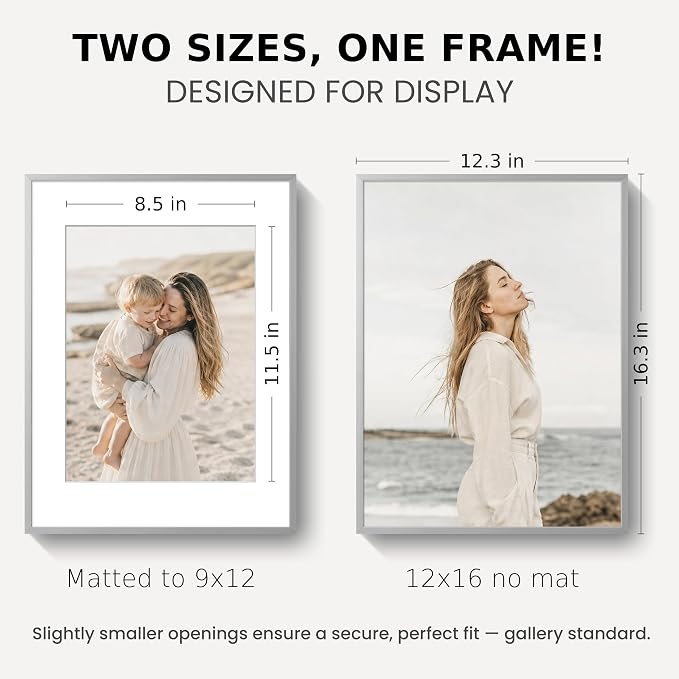 12x16 Picture Frame Silver, Aluminum Metal 12 x 16 Frame with Removable Mat, 12 by 16 Silver Photo Frame Matted to 9x12 Photo, Real Tempered Glass for Home and Office Gallery Wall, 1 Pack