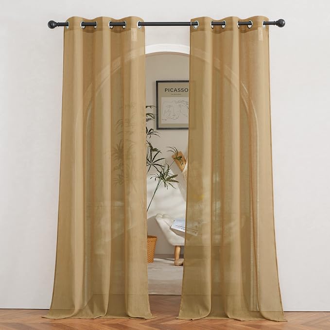 NICETOWN Sheer Linen Curtains Flax Texture 84 inch Length, Grommet Semi Sheer Window Treatments Privacy with Light Filtering Drapes for Bedroom/Living Room, Camel, W36 x L84, 2 Panels