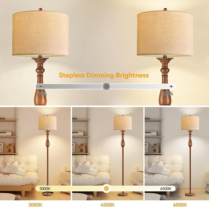 ILLMTW Wood Floor Lamp for Living Room,Bedroom,Vintage Mid Century Modern Standing Lamp with Remote Dimmable,Boho Gold Tall Lamp Fabric Lamp Shade Floor Lights Bohemian Tiffany Style