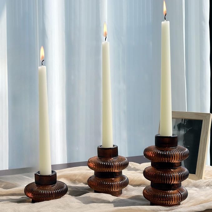 VOHO 6pcs Brown Candlestick Holders, Fall Amber Candle Sticks Holder Decor
