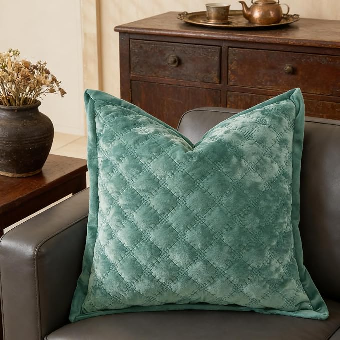 Pillow Cover 24x24 1 Piece Velvet Large Euro Sham with Hidden Zipper Wrinkle Resistant Soft Cross Process Decorative Farmhouse Quilted Cushion Covers for Couch Bed, Aqua Green