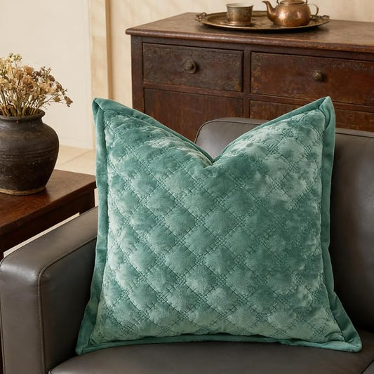 Pillow Cover 24x24 1 Piece Velvet Large Euro Sham with Hidden Zipper Wrinkle Resistant Soft Cross Process Decorative Farmhouse Quilted Cushion Covers for Couch Bed, Aqua Green