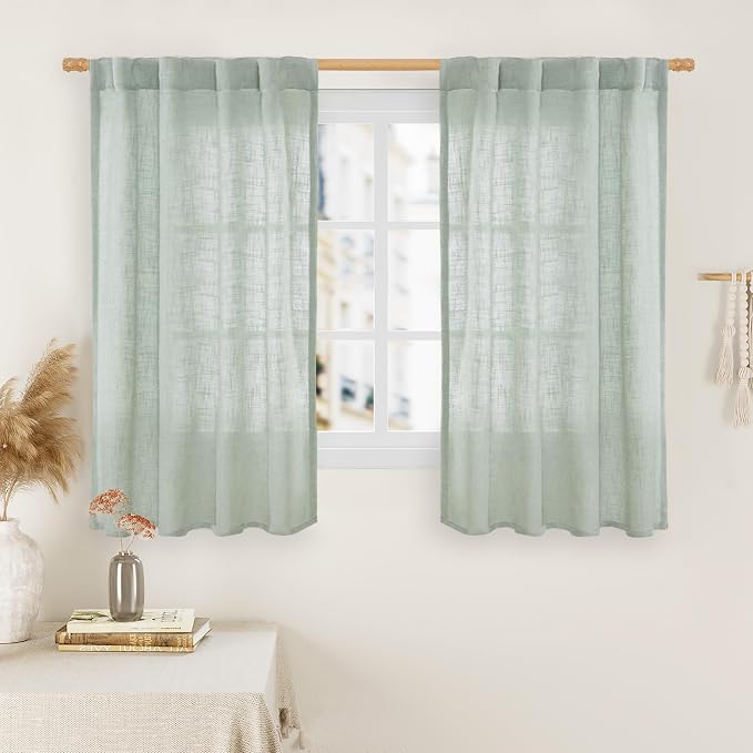 54 Inch Semi Sheer Window Linen Curtains, Light Filtering Panels | Linen Textured, Rod Pocket Back Tab, Neutral Drapes for Bedroom, Living Room, Kitchen, Light Sage, 2 Panels, 34 x 54 Inch