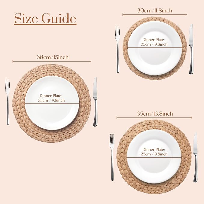 YANGQIHOME 6 Pack, Round Woven Placemats, Natural Water Hyacinth Wicker Place mats, Braided Straw Table Mats, Charger Plates for Dining Table, Fall, Thanksgiving, Christmas (11.8 inch)