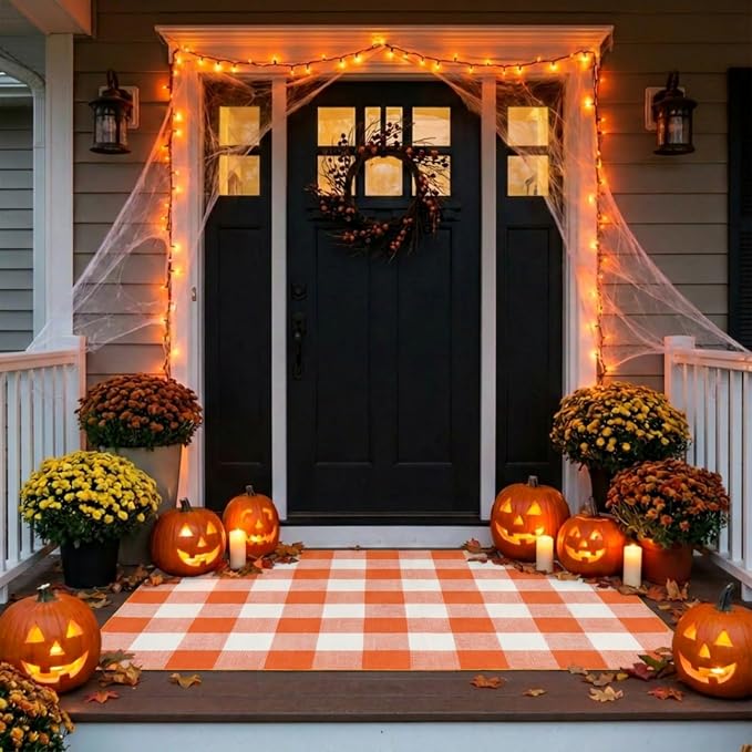 SEEKSEE Buffalo Plaid Outdoor Rug 3' x 5' Orange and White Front Door Mat, Layering Rug for Porch, Halloween Doormat, Front Porch Rug for Outdoor Entrance Entryway Patio Porch Decor