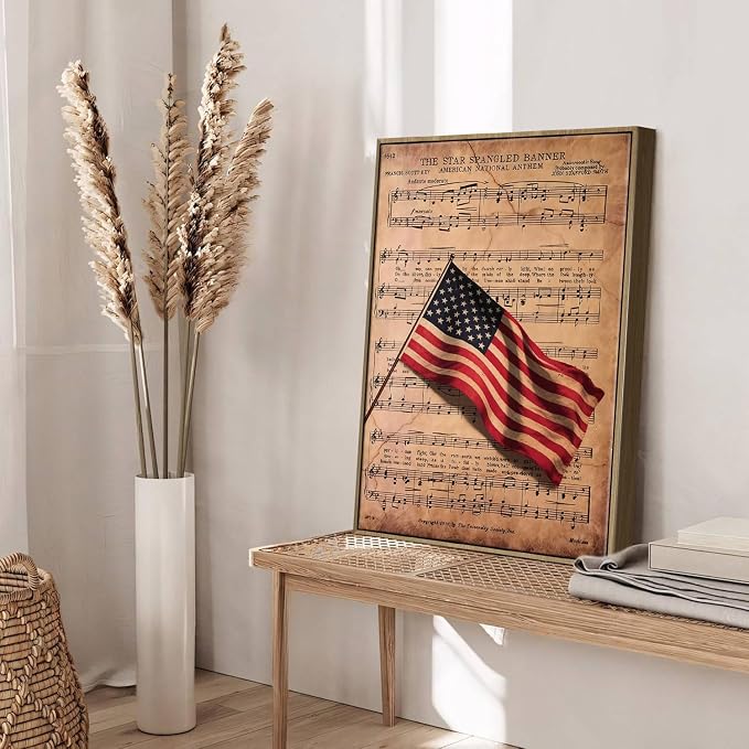 American Flag Framed Canvas Wall Art, 4th of July Patriotic Canvas Prints | Sheet Music Poster Print, Vintage Independence Day Wall Decor for Bedroom Living Room Office 16×20in