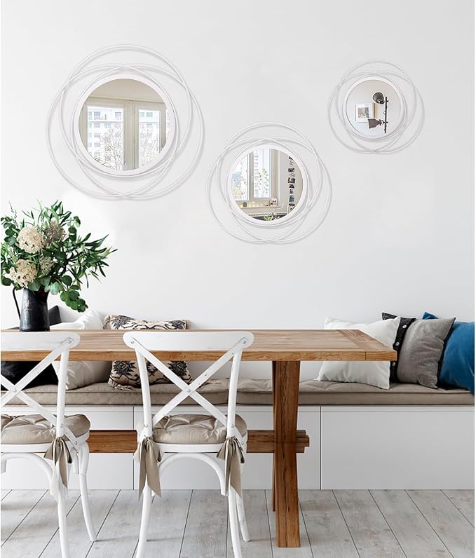 Wall Mirror Mounted Round Decorative Mirrors with Iron Metal Wire Frame Mirror for Wall, Home Decorative Bathroom Vanity, Living Room or Bedroom White Small 12"