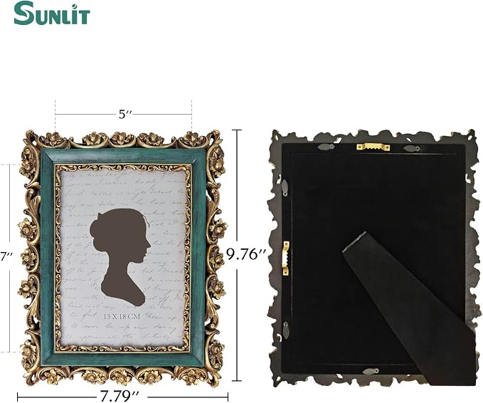 Sunlit Vintage Picture Frame 5x7 Inch, Luxury Antique Photo Frames with Glass Front, Photo Display, Tabletop Wall Hanging, Gift Ideas, Dark Green and Bronze Gold