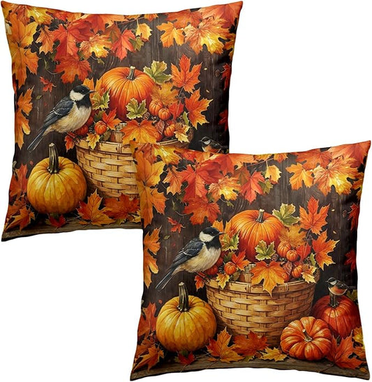 Orange Pumpkin Pillow Covers Autumn Outdoor Pillows Cases Fall Maple Leaf Throw Pillow Covers 18x18 Set of 2 Harvest Thanksgiving Cushion Cases for Home Farmhouse Couch Sofa