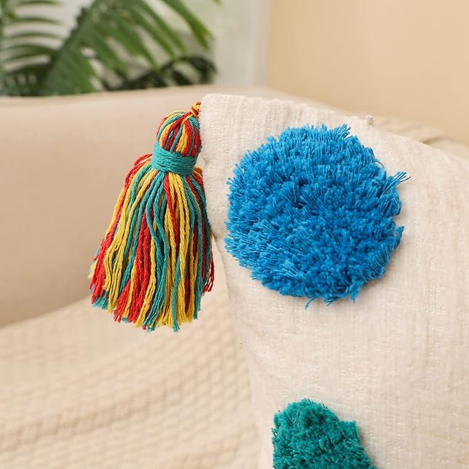 PLWORLD Boho Chenille Throw Pillow Cover 18x18, Tufted Tassel Cushion Case, 1PC Cover Only, No Insert