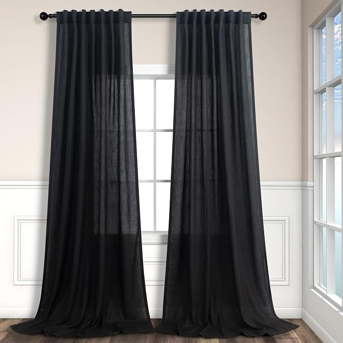 Pitalk 102 Inch Long Curtains Black for Living Room Dinning 2 Panel Set Back Tab Pocket Light Filtering Large Window Drape Boho Modern Farmhouse Linen Curtain 102 Length for Sliding Glass Door Bedroom