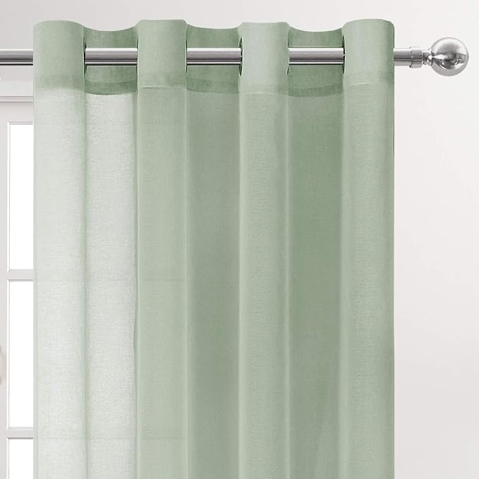 DWCN Sheer Curtains for Living Room Bedroom - Faux Linen Look Voile Drapes Grommet Top Window Curtain Panel 52 x 63 Inch Length, Bean Green, Set of 2 Panels