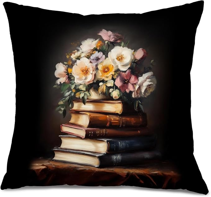 Vintage Floral Book Pillow Covers 18x18, Reading Nook Corner Decor, Gifts for Book Lovers Readers, Dark Academia Wildflower Bookish Decorative Throw Pillow Covers for Library Book Nook Room