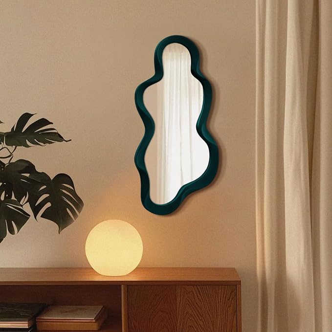 Large Decorative Wall Mirror for Bedroom Dresser Decor,Dark Green | 13.8x29.7",Soft Flocking Touch,Abstract Wavy Wall Mirrors for Home Book Coffee Shop Hotel Decoration,Unique Gift