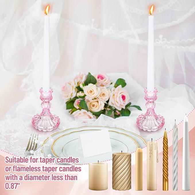 24 Pcs Glass Candle Holder Set 12 Candlestick White Candles,Pink | Clear Glass Holders with Taper Candles for Wedding Party Dinner Table Centerpiece, Elegant Classic Design Event Decor