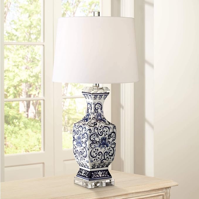 Iris 28" Tall Table Lamps Set of 2 Blue White Porcelain Jar Traditional
