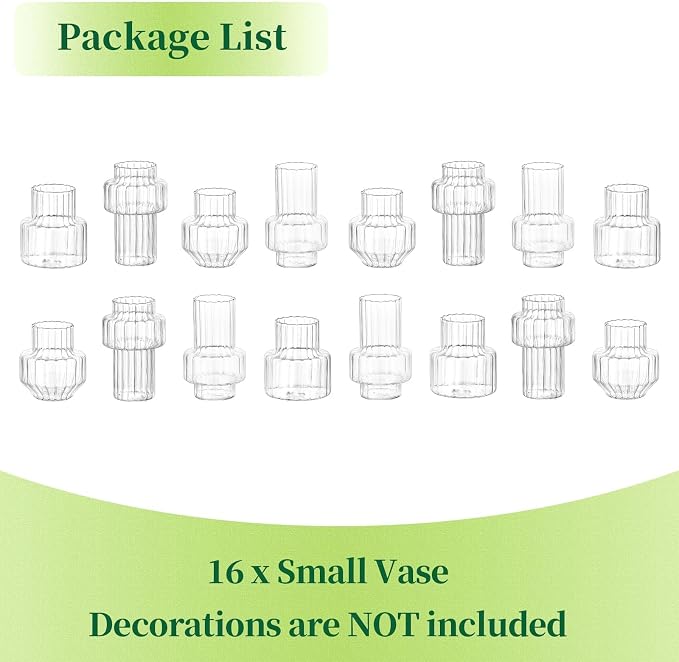 Hewory Ribbed Bud Vases for Centerpieces: 16PCS Small Flower Vases Bulk | Modern Glass Jars for Wedding Table Decor, Assorted Clear Floral Arrangement, Mini, Fluted, Pleated, Set