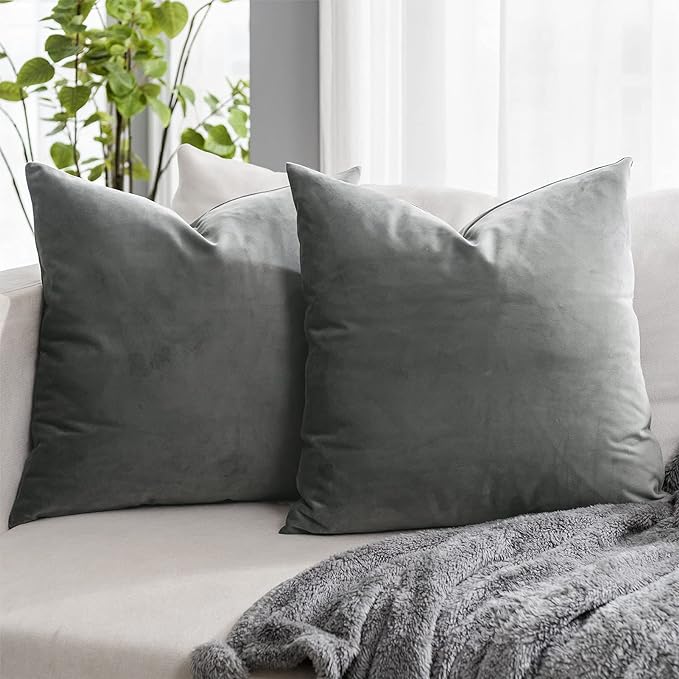 Decorative Velvet Throw Pillow Covers for Couch Sofa Bedroom,Soft Solid Pillow Cases Set of 2,14x14 inch,Gray