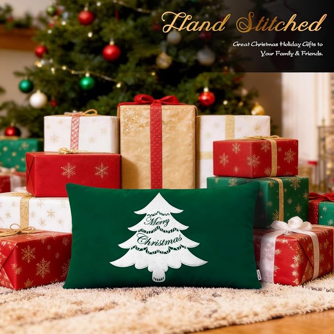 BRAWARM Christmas Pillow Cover 12 X 20 Inches, Christmas Green Christmas Tree Embroidered Lumbar Pillow Cover, Soft Velvet Decorative Throw Pillow for Couch Bed Sofa Living Room Home