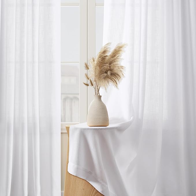White Linen Curtains 108 Inch Length for Living Room Bedroom 2 Panels Set Rod Pocket Light Filtering Semi Sheer Window Curtains 52 Inch Width Boho Farmhouse Linen Drapes, W52xL108