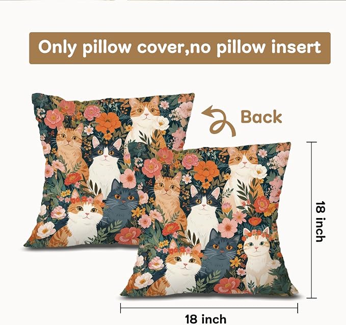 Vintage Floral Cat Pillow Covers 18x18, Cottagecore Room Decor, Whimsical Flowers Botanical Kitty Decorative Throw Pillow Covers Pillowcases for Bedroom Living Room Home Decor