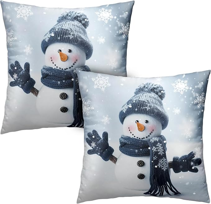 Blue Snowman Pillow Covers Set of 2 Winter Pillow Covers 20x20 Holiday Decorative Throw Pillows Protector Cotton Blend for Indoor Couch Patio