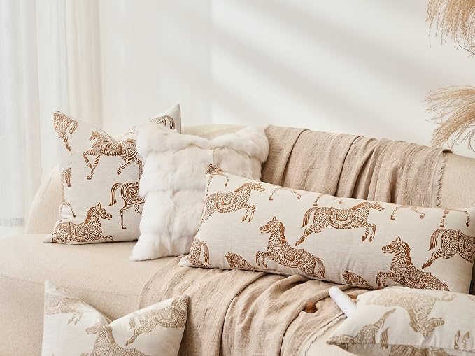 Decorative Lumbar Pillow Cover 14x36 Inch, Double Sided Running Orange Horse Design Long Pillow Covers, Decorative Cushion Cover Couch, Sofa, Living Room, Bedroom