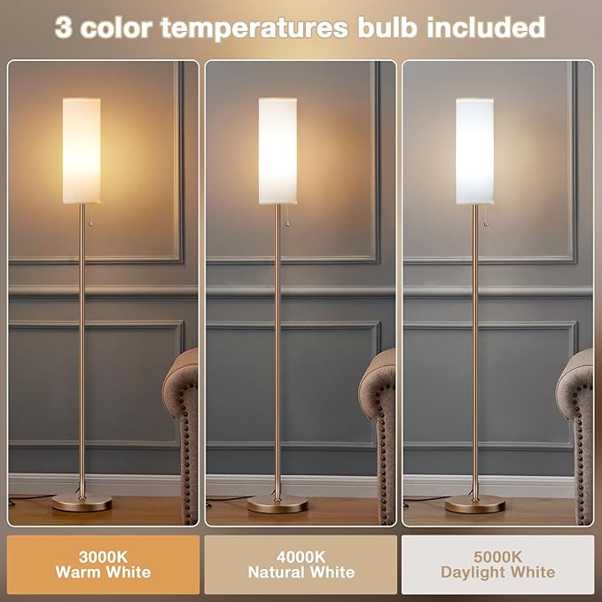 Ambimall 64" Floor Lamp with Bulb & Lampshade & Chain Switch, White & Brown