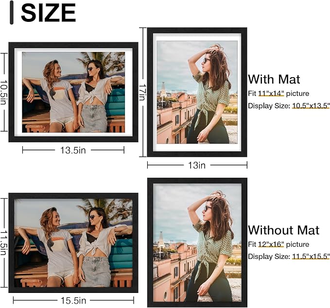 Vittanly 12x16 Picture Frames Set of 9 for Wall Mounting, Black | Display Pictures 11x14 with Mat or 12x16 without Mat, Engineered Wood with Shatter Resistant Plexiglass, Gallery Photo Frames