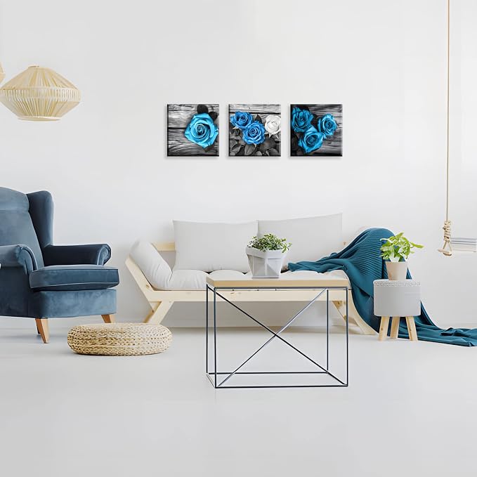 NAN Wind Blue Wall Decor for Living Room Blue Bathroom Accessories Black and White Canvas Wall Art Blue Rose Pictures Bedroom Decor Modern Painting Kitchen Home Decorations 14x14 3 Pcs/Set