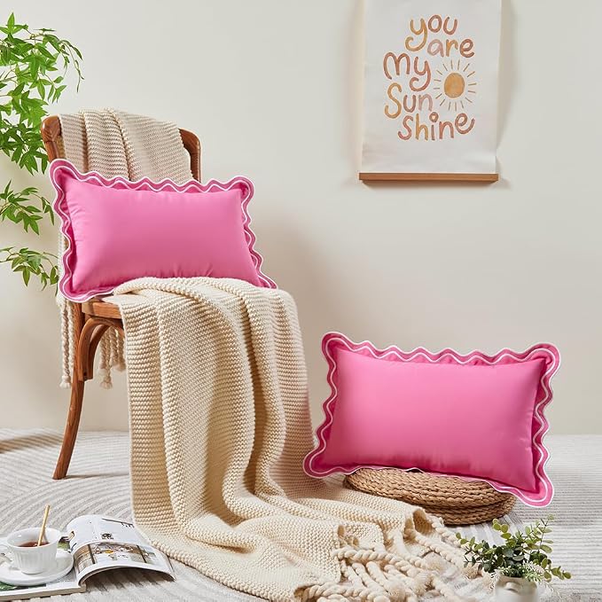 JOJOGOGO Hot Pink Scalloped Outdoor Lumbar Pillow Covers 12x20 Set of 2