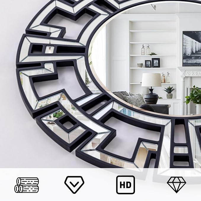 Black Mirrors for Living Room Decor, 32'' Large Round Mirror with Beveled Edge Glass, Modern Decorative Wall Mirror for Dining Room, Entryway, Bedroom, Fireplace