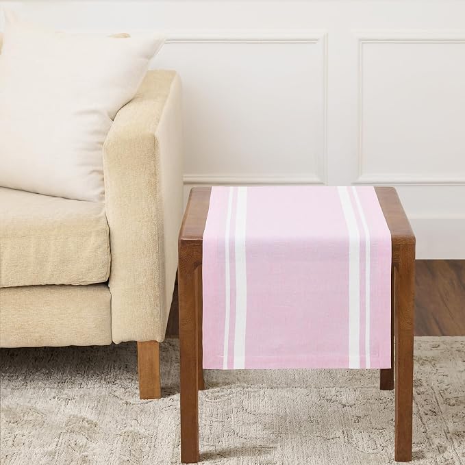 Solino Home 100% Pure Linen Table Runner, 14 x 36 in, White and Pink Stripe | French Stripe, brings a tailored look to family meals and hosting, European flax fibres, machine washable, OEKO-TEX Certified