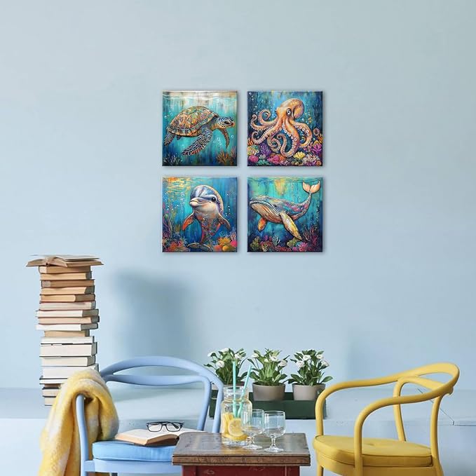 Bathroom Wall Art 16x16" 4Pcs, Blue Ocean Canvas Painting Vintage Wood Grain Background Animal Artwork Nautical Underwater World Cartoon Sea Turtle Octopus Posters Living Room Nursery Home Decorations