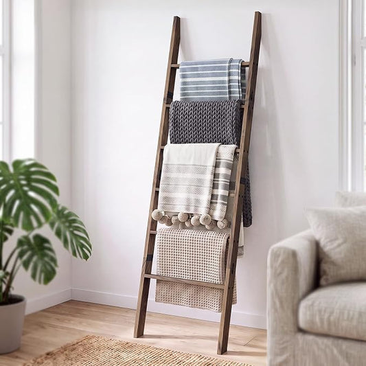 Acacia Wood 6-Tier Blanket Ladder, 5.7FT(66.5'') Blanket Quilt Towel Holder Rack Decorative Ladder Wooden, Easy Assembly, Rustic Farmhouse Ladder Shelf for the Living Room Bedroom Bathroom Home Decor