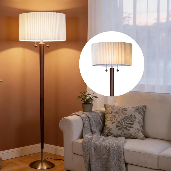 2-Lights Wood Floor Lamp with Dual Switch, Mid-Century Modern Corner Lamp with Pleated Shade, Standing Lamp for Living Room, Bedroom, Office, Reading Room, Walnut Brown