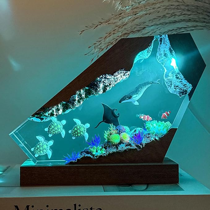 Handmade Humpback Whale Resin Ocean Lamp with Wooden Base