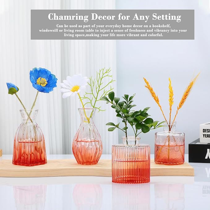 Glass Bud Vases Set of 4, Small Orange Flower Vases for Wedding Centerpiece | Clear Vintage Embossed Mini Vases for Table Decorations, Flower Arrangements in Vases for Party or Home Decor